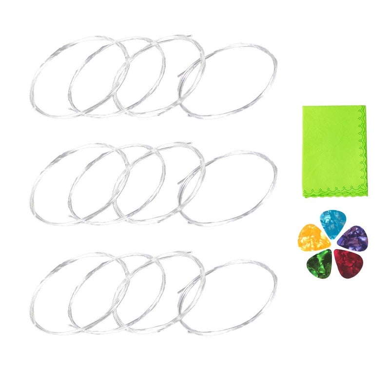 JYsun Ukulele Strings Clear Nylon 3 Full Sets and 5 Picks, Green Cleaning Cloth - Image 1